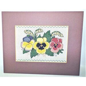 Counted Cross Stitch Pansies picture with matting and backing hand made